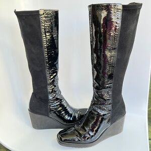Donald Pliner Black Patent/ Suede Knee High Wedge Boots Size 6M